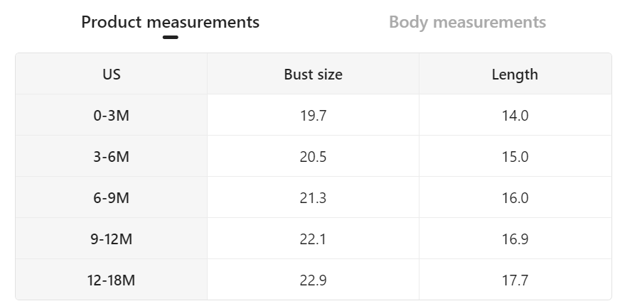 Size chart for baby western onesie