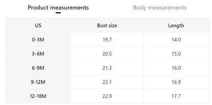 Size chart for baby western onesie