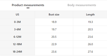 Size chart for cow print baby romper