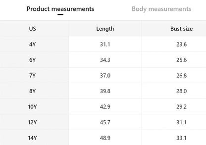 Size chart for western floral lace maxi dress for girls, lengths and bust