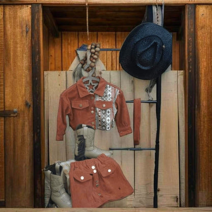 Western corduroy jacket and skirt set with hat and boots