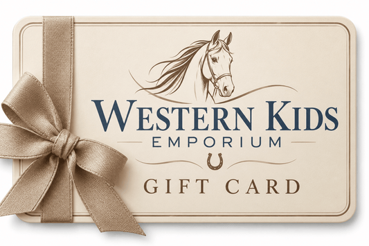Western Kids Emporium gift card with a horse illustration and taupe ribbon bow