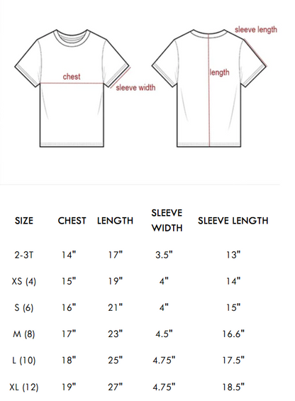 Western kids shirt size chart showing chest, length, sleeve width, and sleeve length measurements.