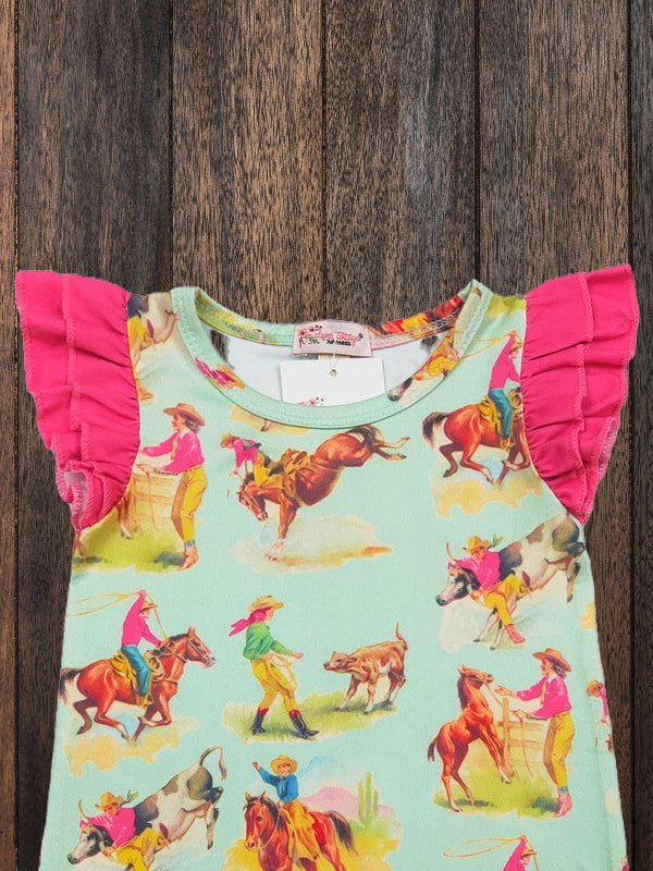 Top detail of girls western romper showing pink ruffle sleeves and rodeo print.