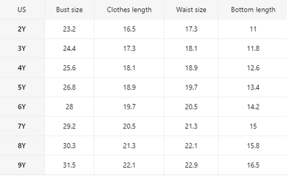 Size chart for Yeehaw Cowboy Lasso Pajama Set from 2Y to 9Y